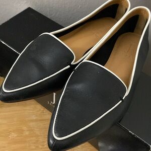 I.Crew Edie black leather loafers with white piping